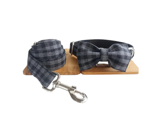 Black Plaid Collar Leash Bowtie Set | Puppy Artisan
