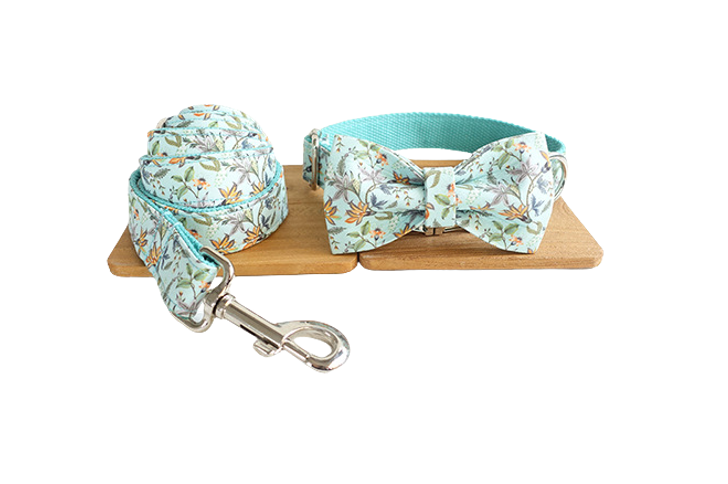 Teal Flowers Collar Leash Bowtie Set | Puppy Artisan