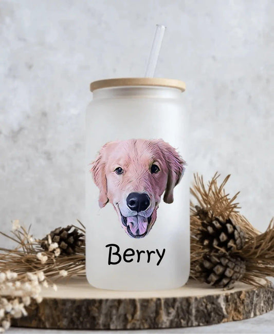 Colorful Custom Pet Portrait 16oz Frosted Libbey Glass Can - Puppy Artisan