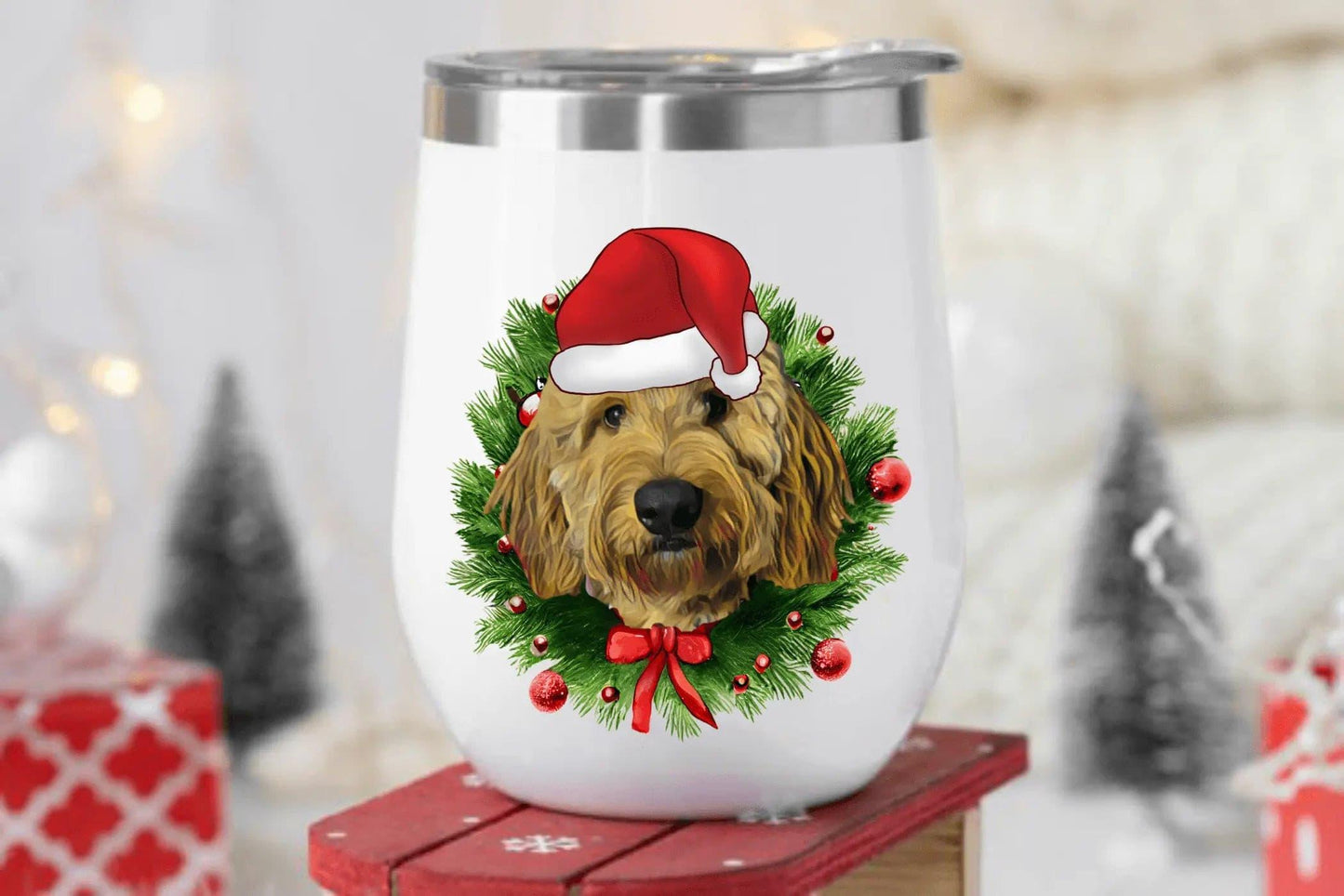 Custom Christmas Pet Portrait 12oz Stainless Steel Wine Tumbler - Puppy Artisan