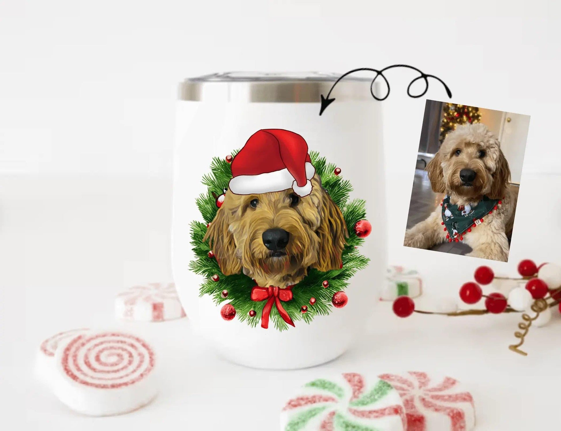 Custom Christmas Pet Portrait 12oz Stainless Steel Wine Tumbler - Puppy Artisan