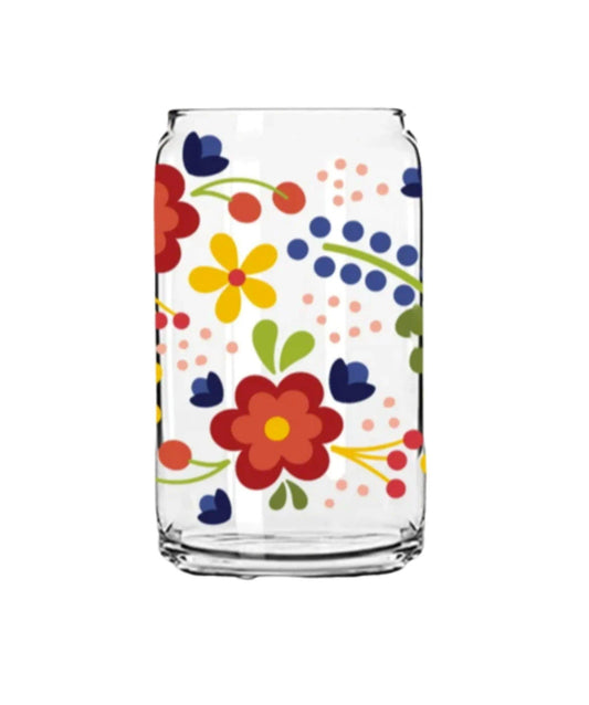 Floral Pattern 16oz Libbey Glass Can - Puppy Artisan