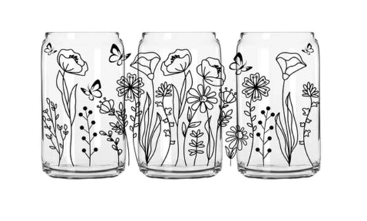 Wild Flowers 16oz Libbey Glass Can - Puppy Artisan